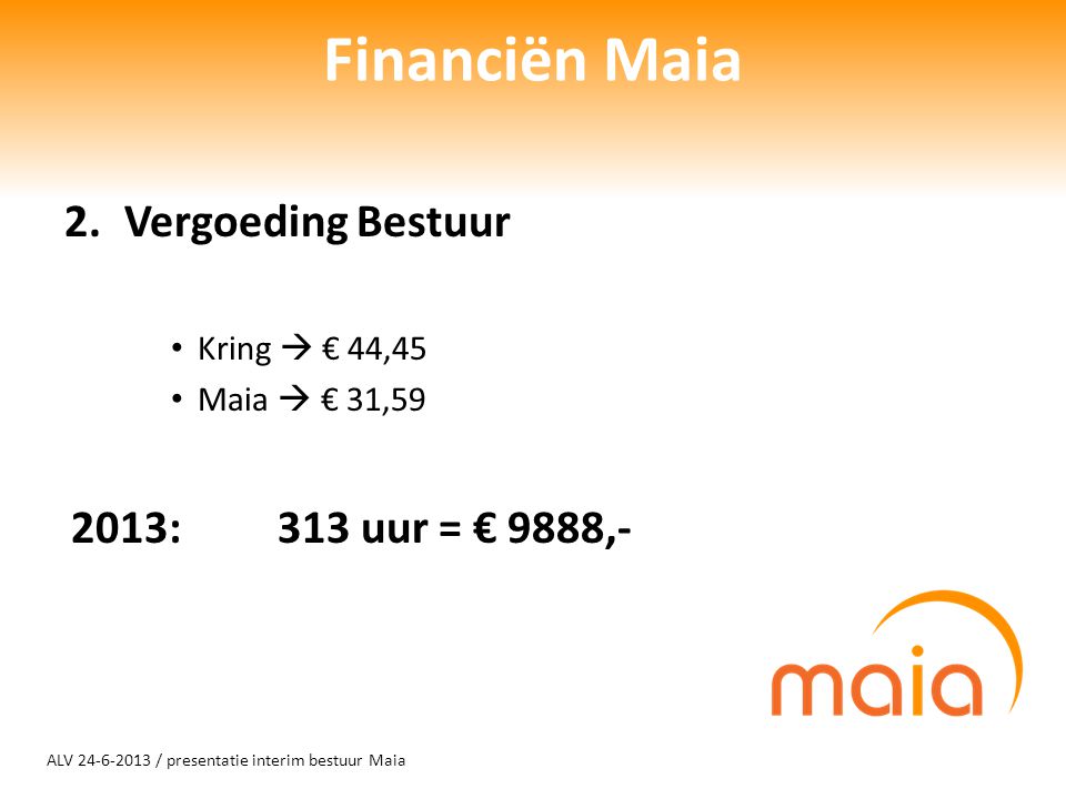 ALV / presentatie interim bestuur Maia Financiën Maia 2.Vergoeding Bestuur Kring  € 44,45 Maia  € 31, :313 uur = € 9888,-