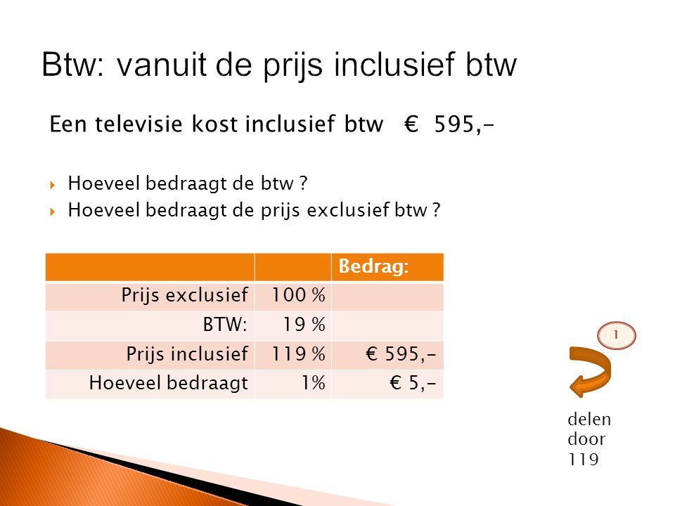 Een televisie kost inclusief btw € 595,-  Hoeveel bedraagt de btw .