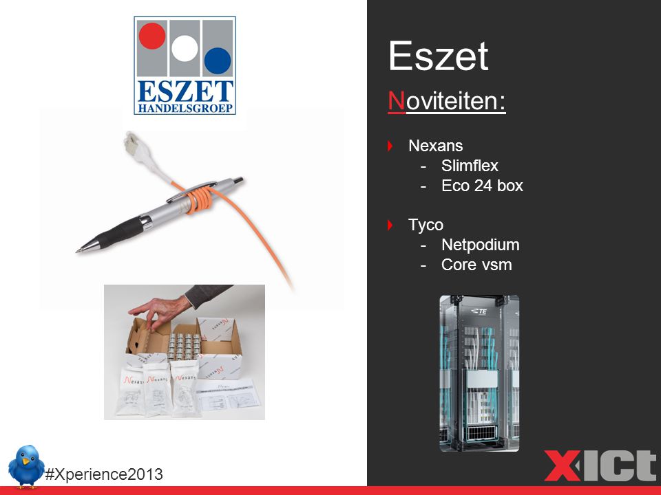 Eszet #Xperience2013 Noviteiten: Nexans -Slimflex -Eco 24 box Tyco -Netpodium -Core vsm