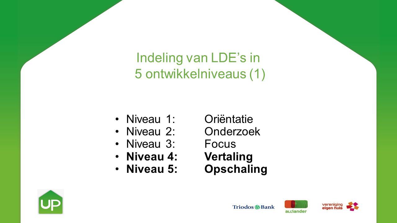 Indeling van LDE’s in 5 ontwikkelniveaus (1) •Niveau 1: Oriëntatie •Niveau 2: Onderzoek •Niveau 3: Focus •Niveau 4: Vertaling •Niveau 5: Opschaling