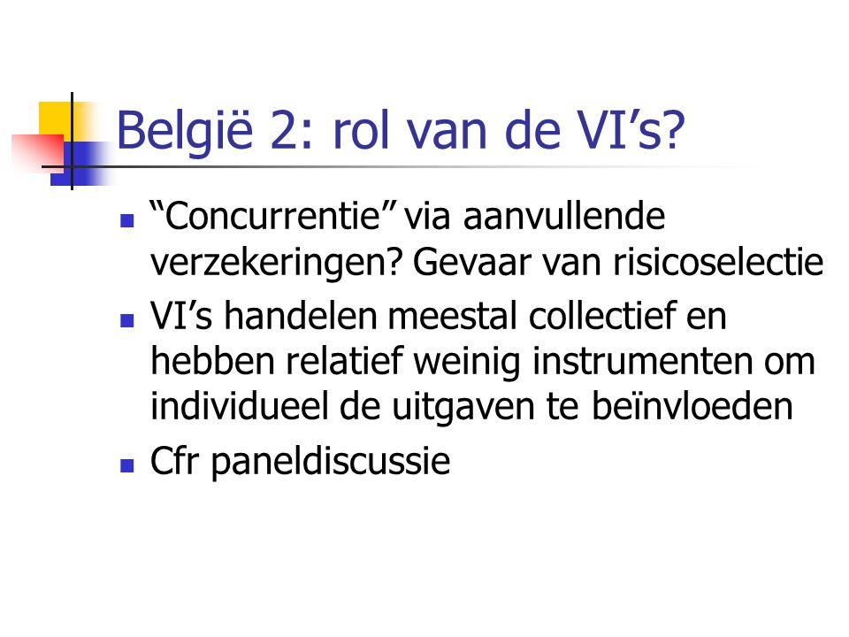 België 2: rol van de VI’s.  Concurrentie via aanvullende verzekeringen.