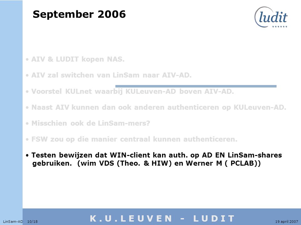 K. U. L E U V E N - L U D I T September 2006 LinSam-AD 10/1819 april 2007 • AIV & LUDIT kopen NAS.