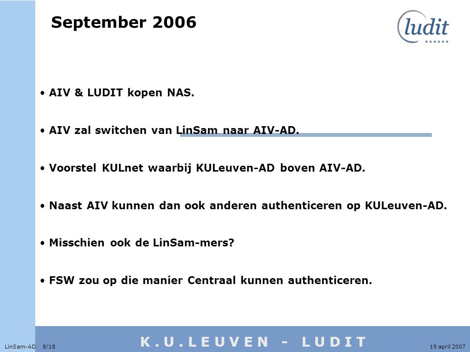 K. U. L E U V E N - L U D I T September 2006 LinSam-AD 8/1819 april 2007 • AIV & LUDIT kopen NAS.