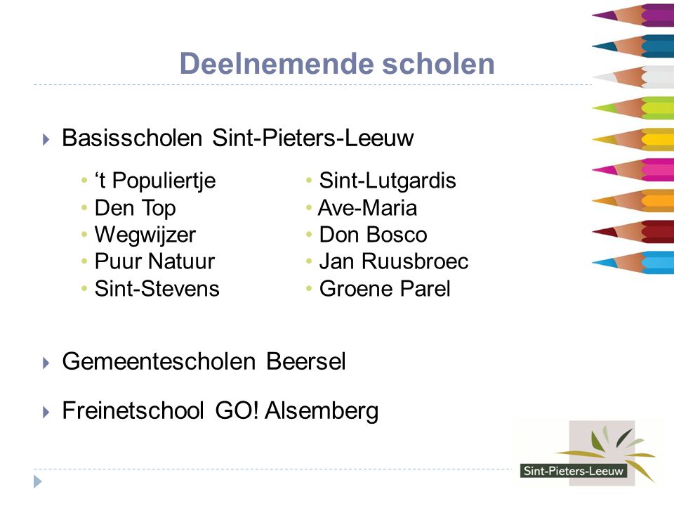Deelnemende scholen  Basisscholen Sint-Pieters-Leeuw  Gemeentescholen Beersel  Freinetschool GO.
