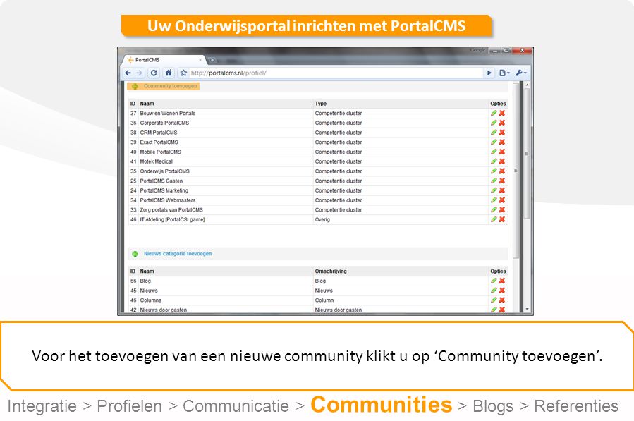 Uw Onderwijsportal inrichten met PortalCMS Voor het toevoegen van een nieuwe community klikt u op ‘Community toevoegen’.