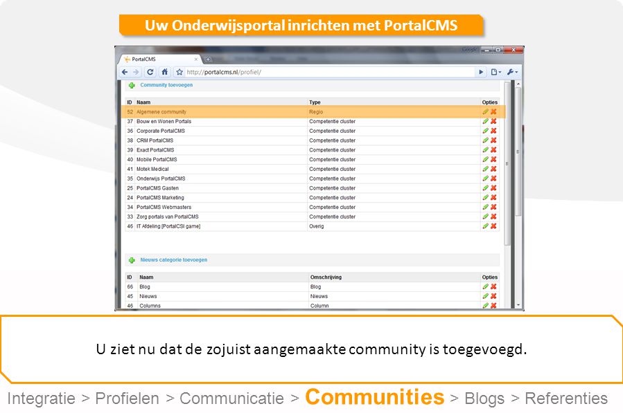 Uw Onderwijsportal inrichten met PortalCMS U ziet nu dat de zojuist aangemaakte community is toegevoegd.