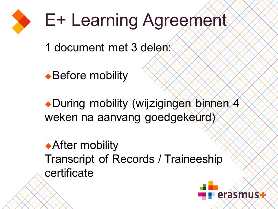 E+ Learning Agreement 1 document met 3 delen:  Before mobility  During mobility (wijzigingen binnen 4 weken na aanvang goedgekeurd)  After mobility Transcript of Records / Traineeship certificate