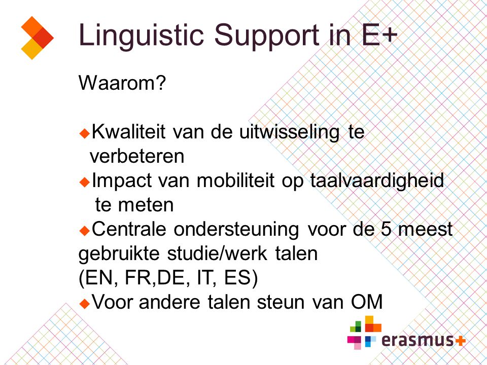 Linguistic Support in E+ Waarom.
