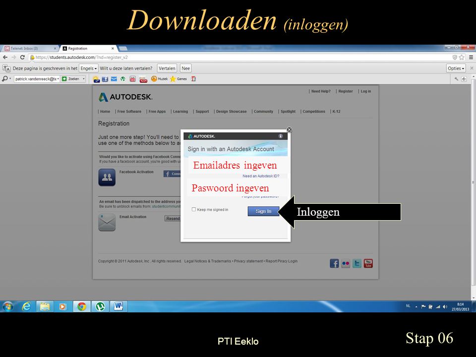 PTI Eeklo Downloaden (inloggen) Stap 06  adres ingeven Inloggen Paswoord ingeven