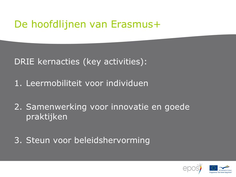 De hoofdlijnen van Erasmus+ DRIE kernacties (key activities): 1.Leermobiliteit voor individuen 2.Samenwerking voor innovatie en goede praktijken 3.Steun voor beleidshervorming