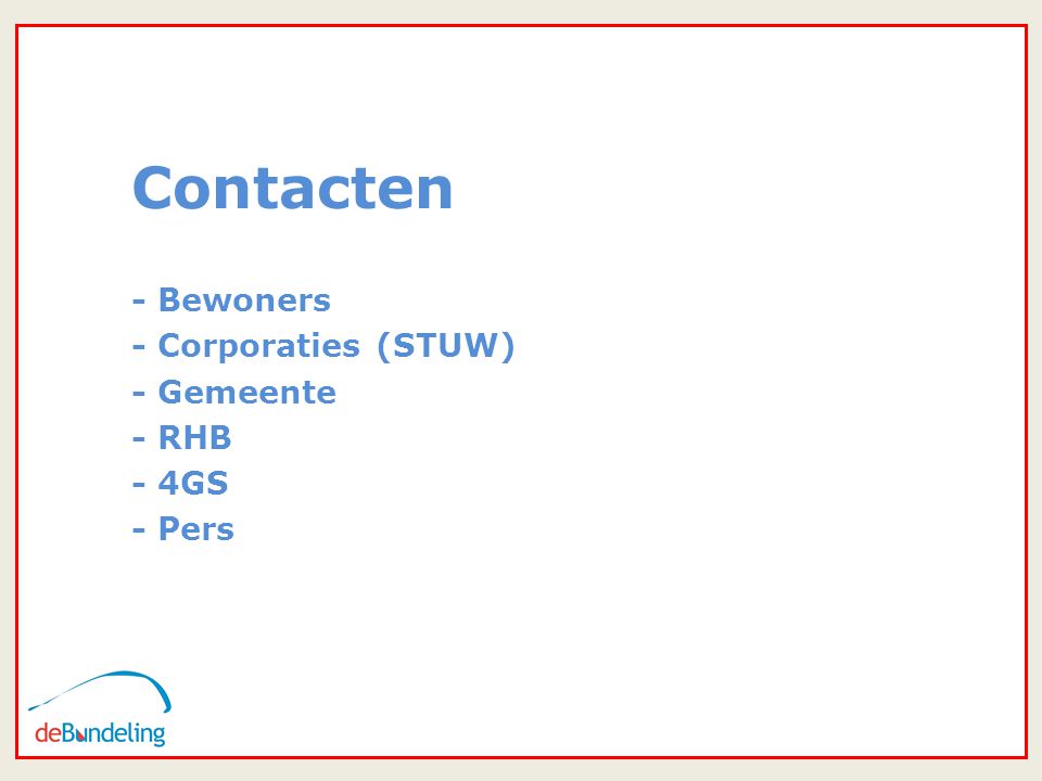 9 Contacten - Bewoners - Corporaties (STUW) - Gemeente - RHB - 4GS - Pers