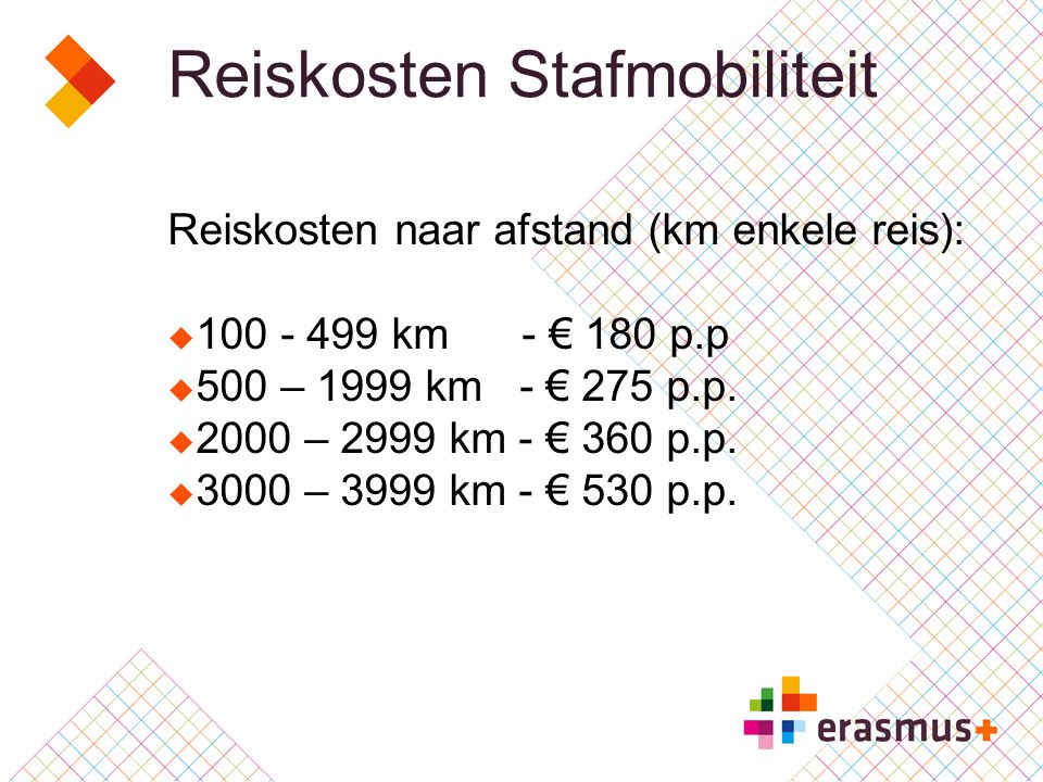 Reiskosten Stafmobiliteit Reiskosten naar afstand (km enkele reis):  km - € 180 p.p  500 – 1999 km - € 275 p.p.