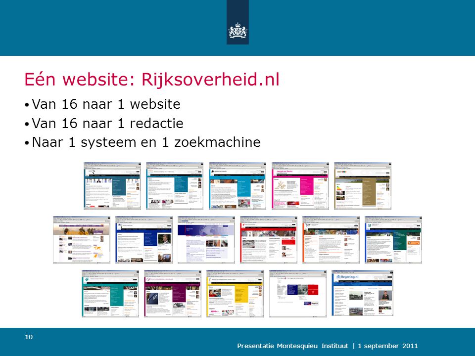 Presentatie Montesquieu Instituut | 1 september Eén website: Rijksoverheid.nl Van 16 naar 1 website Van 16 naar 1 redactie Naar 1 systeem en 1 zoekmachine