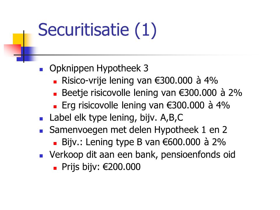 Securitisatie (1)  Opknippen Hypotheek 3  Risico-vrije lening van € à 4%  Beetje risicovolle lening van € à 2%  Erg risicovolle lening van € à 4%  Label elk type lening, bijv.