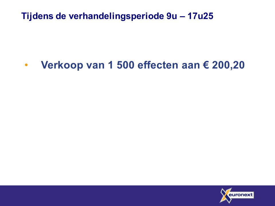 • Verkoop van effecten aan € 200,20 Tijdens de verhandelingsperiode 9u – 17u25