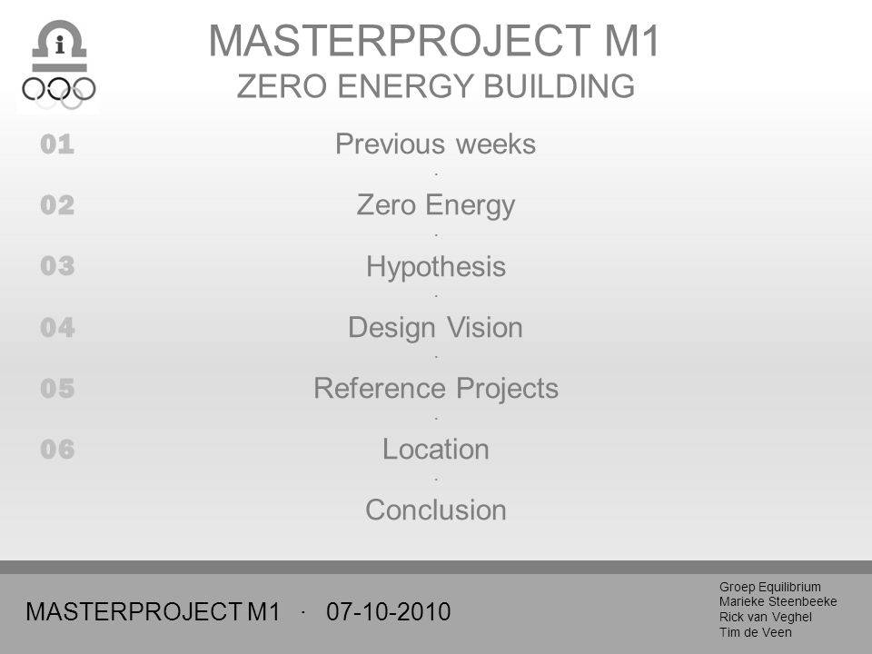 MASTERPROJECT M1 · Groep Equilibrium Marieke Steenbeeke Rick van Veghel Tim de Veen MASTERPROJECT M1 ZERO ENERGY BUILDING Previous weeks · Zero Energy · Hypothesis · Design Vision · Reference Projects · Location · Conclusion
