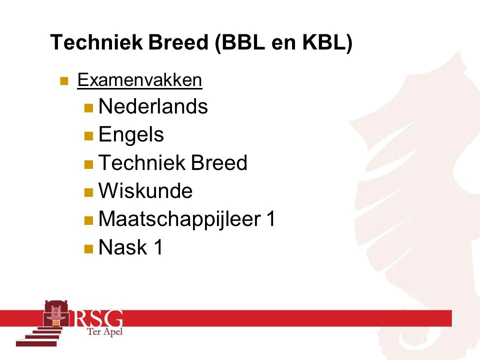 Techniek Breed (BBL en KBL) Examenvakken Nederlands Engels Techniek Breed Wiskunde Maatschappijleer 1 Nask 1