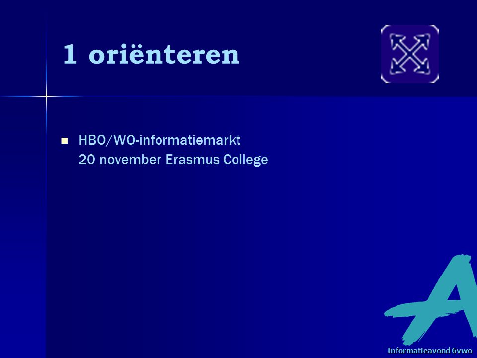 1 oriënteren HBO/WO-informatiemarkt 20 november Erasmus College Informatieavond 6vwo