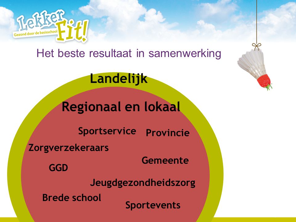 5 Landelijk Zorgverzekeraars Sportservice GGD Brede school Gemeente Sportevents Provincie Jeugdgezondheidszorg Regionaal en lokaal Het beste resultaat in samenwerking