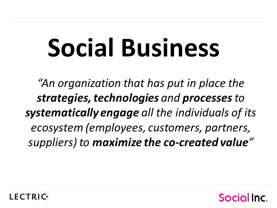 An organization that has put in place the strategies, technologies and processes to systematically engage all the individuals of its ecosystem (employees, customers, partners, suppliers) to maximize the co-created value