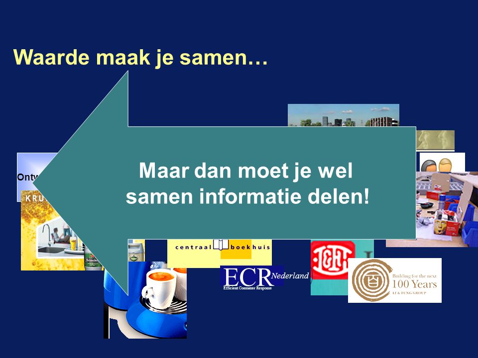 Waarde maak je samen… OntwikkelenPlannenInkopen Verkoop en service Realiseren ECR Efficient Consumer Response Nederland Maar dan moet je wel samen informatie delen!