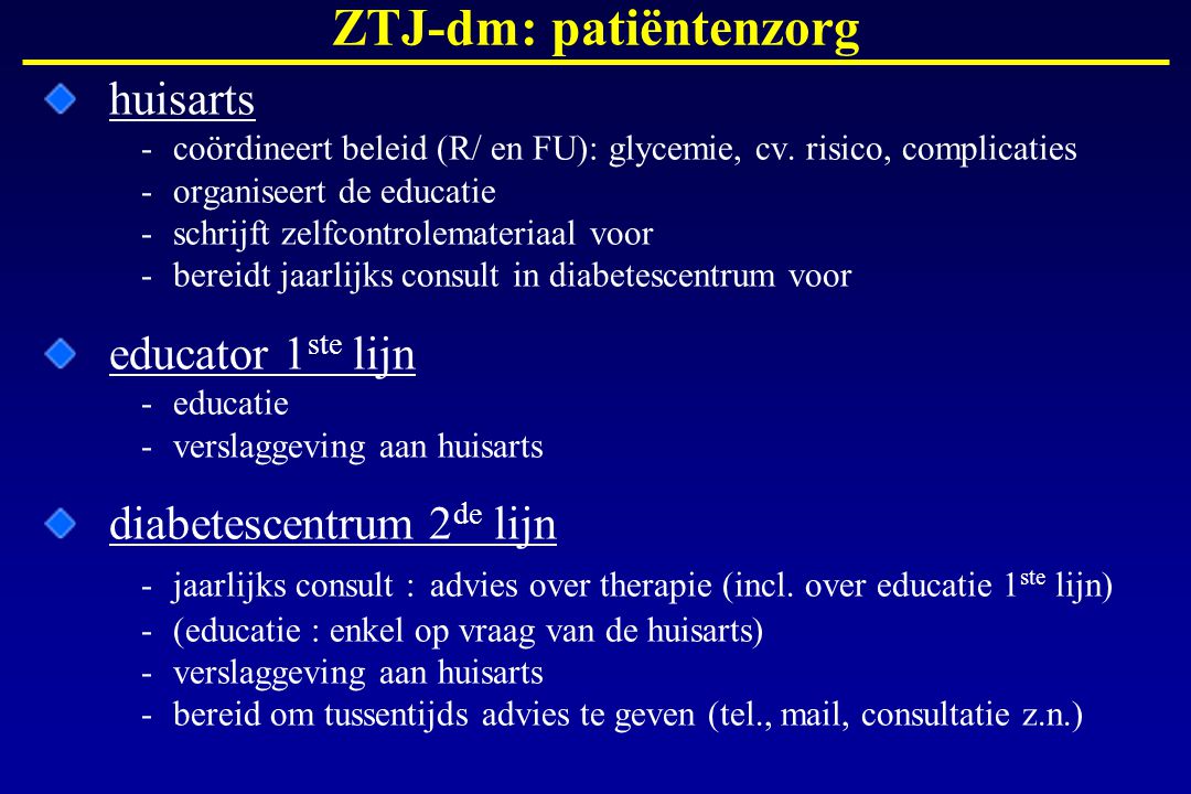 ZTJ-dm: patiëntenzorg huisarts - coördineert beleid (R/ en FU): glycemie, cv.