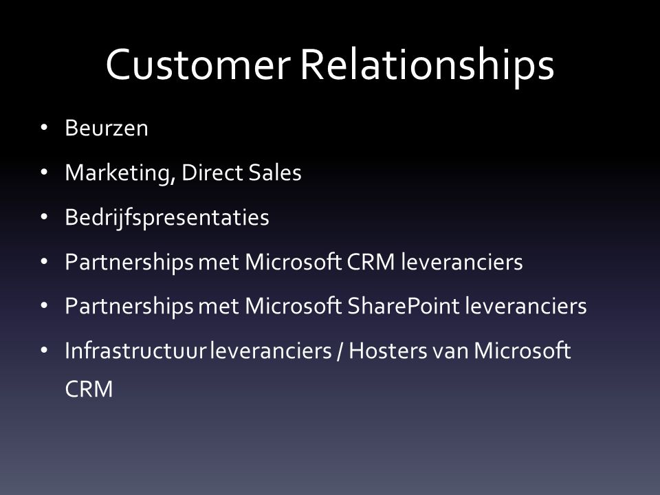 Customer Relationships Beurzen Marketing, Direct Sales Bedrijfspresentaties Partnerships met Microsoft CRM leveranciers Partnerships met Microsoft SharePoint leveranciers Infrastructuur leveranciers / Hosters van Microsoft CRM