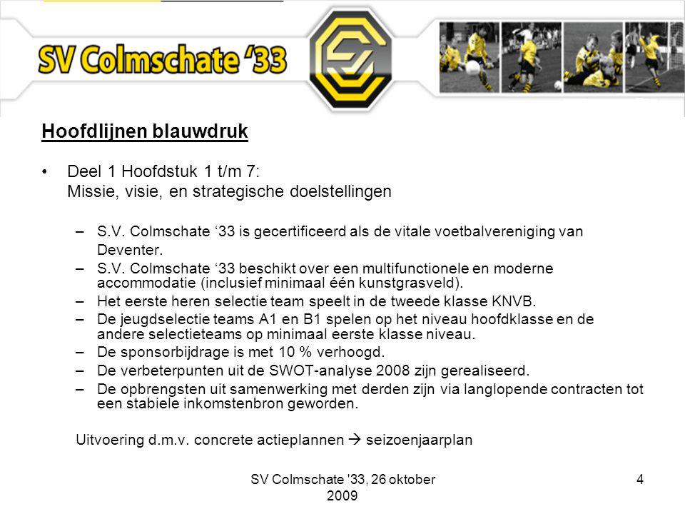 SV Colmschate 33, 26 oktober Hoofdlijnen blauwdruk Deel 1 Hoofdstuk 1 t/m 7: Missie, visie, en strategische doelstellingen –S.V.