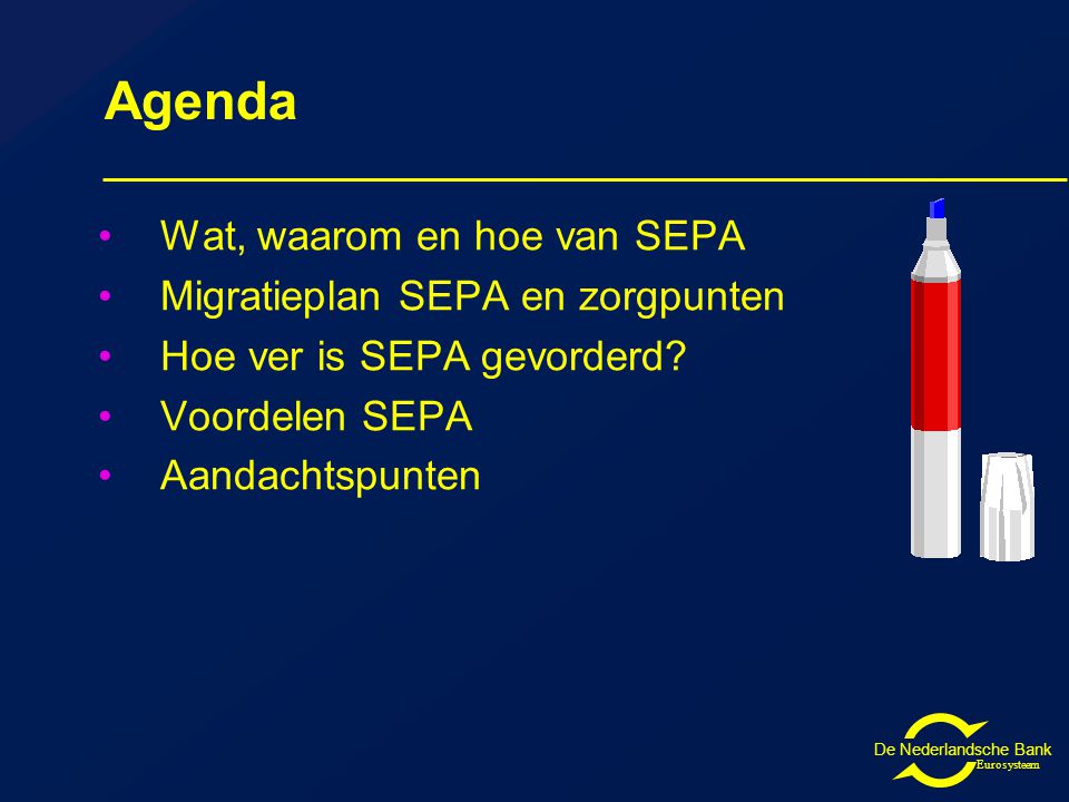 Eurosysteem Agenda Wat, waarom en hoe van SEPA Migratieplan SEPA en zorgpunten Hoe ver is SEPA gevorderd.