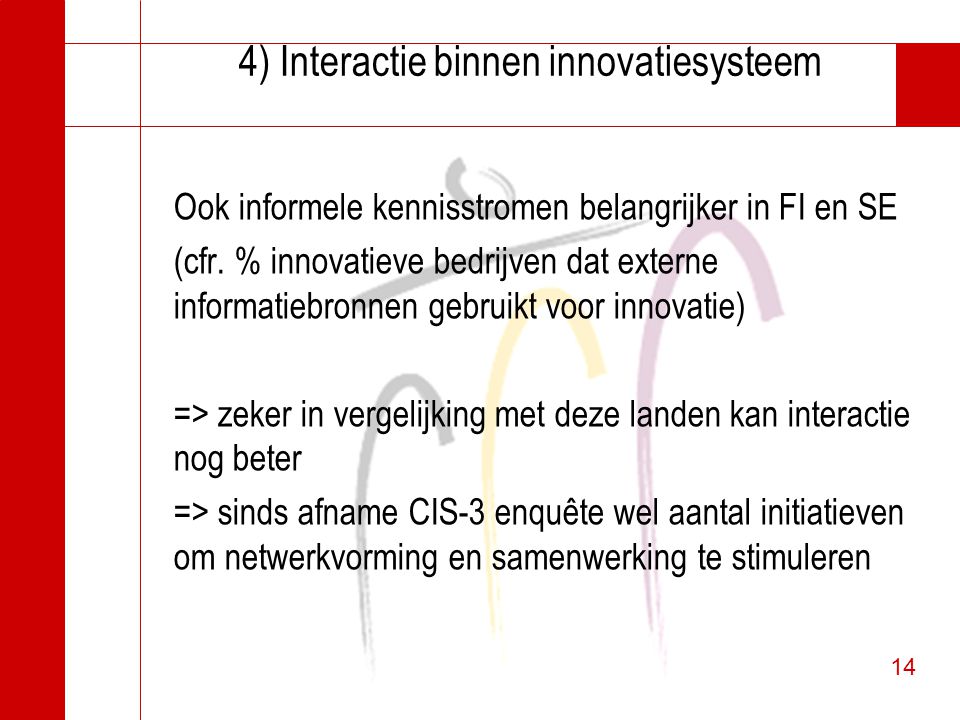 14 4) Interactie binnen innovatiesysteem Ook informele kennisstromen belangrijker in FI en SE (cfr.
