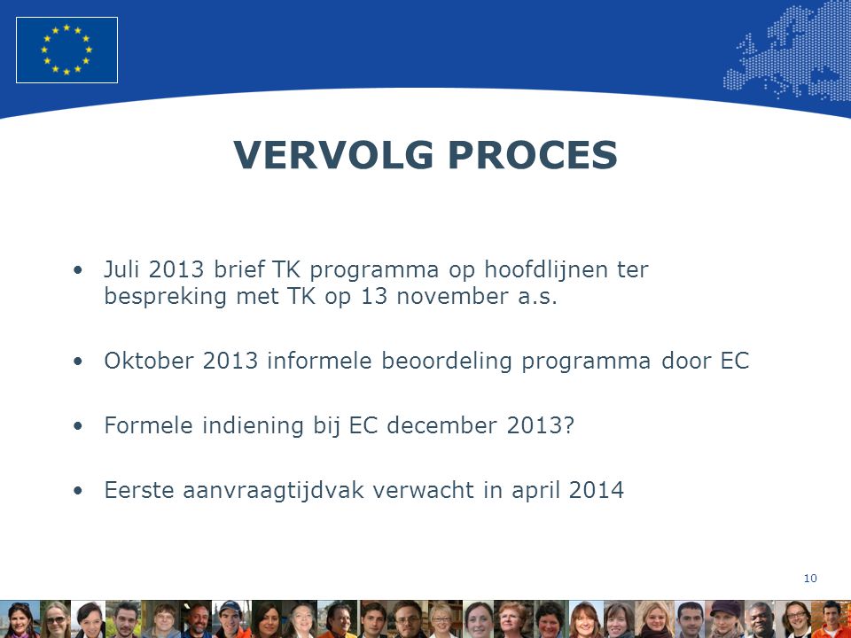 10 European Union Regional Policy – Employment, Social Affairs and Inclusion VERVOLG PROCES Juli 2013 brief TK programma op hoofdlijnen ter bespreking met TK op 13 november a.s.