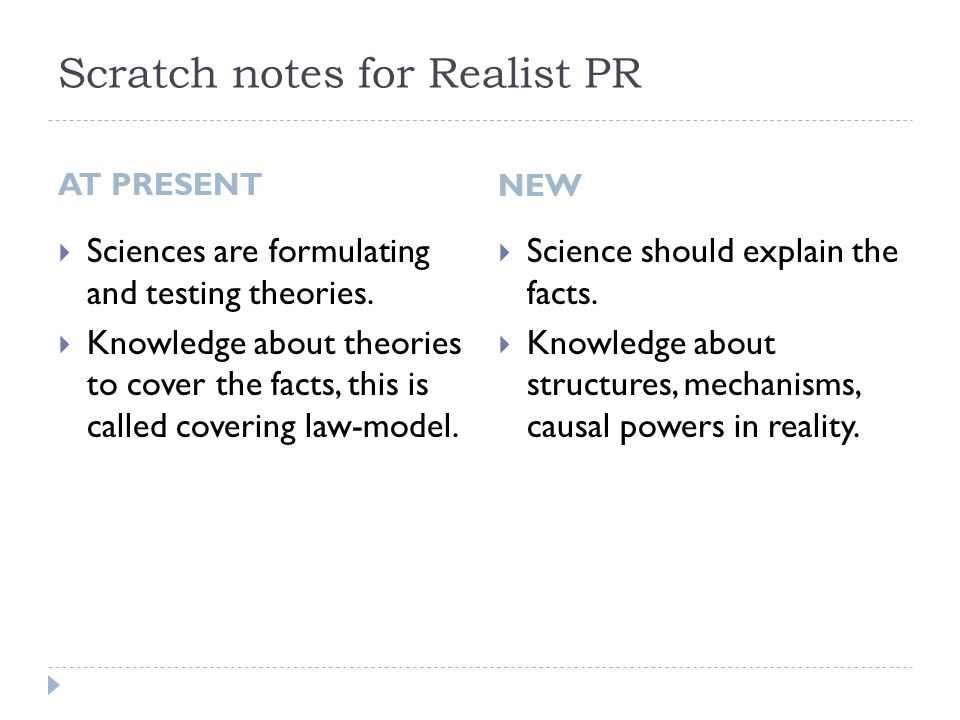 Scratch notes for Realist PR AT PRESENT  Sciences are formulating and testing theories.