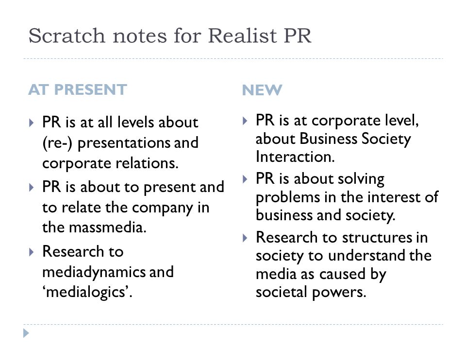Scratch notes for Realist PR AT PRESENT  PR is at all levels about (re-) presentations and corporate relations.