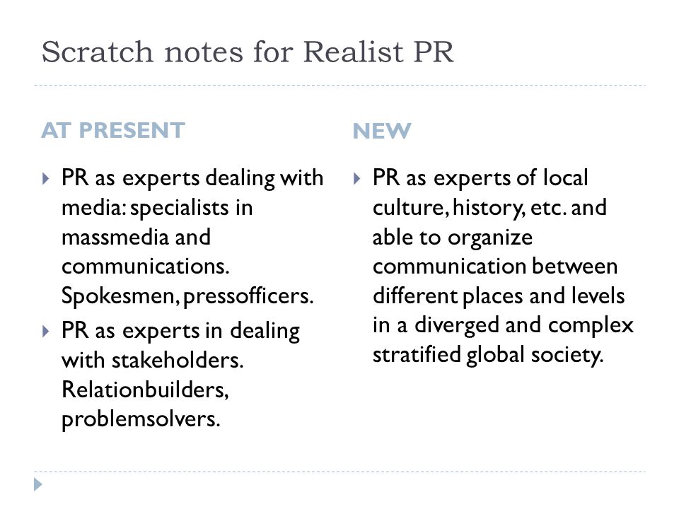 Scratch notes for Realist PR AT PRESENT  PR as experts dealing with media: specialists in massmedia and communications.