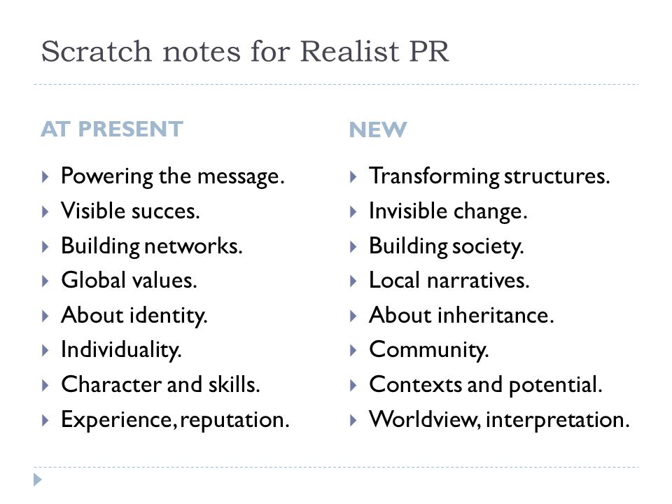 Scratch notes for Realist PR AT PRESENT  Powering the message.