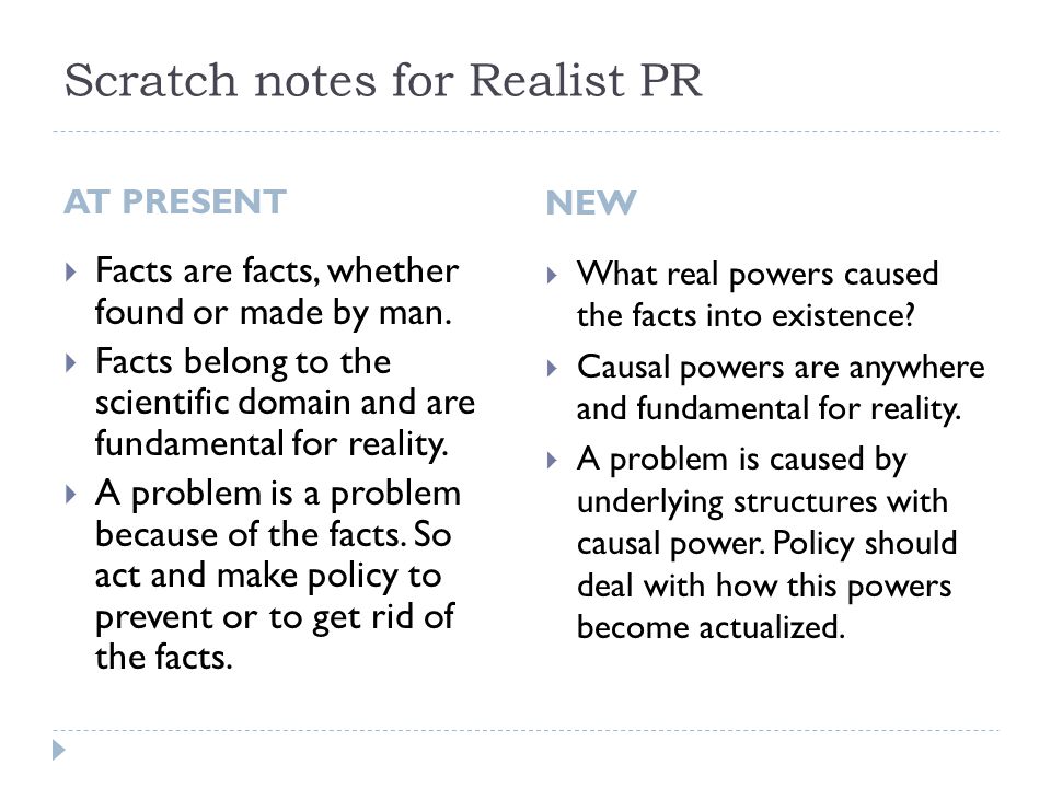 Scratch notes for Realist PR AT PRESENT  Facts are facts, whether found or made by man.
