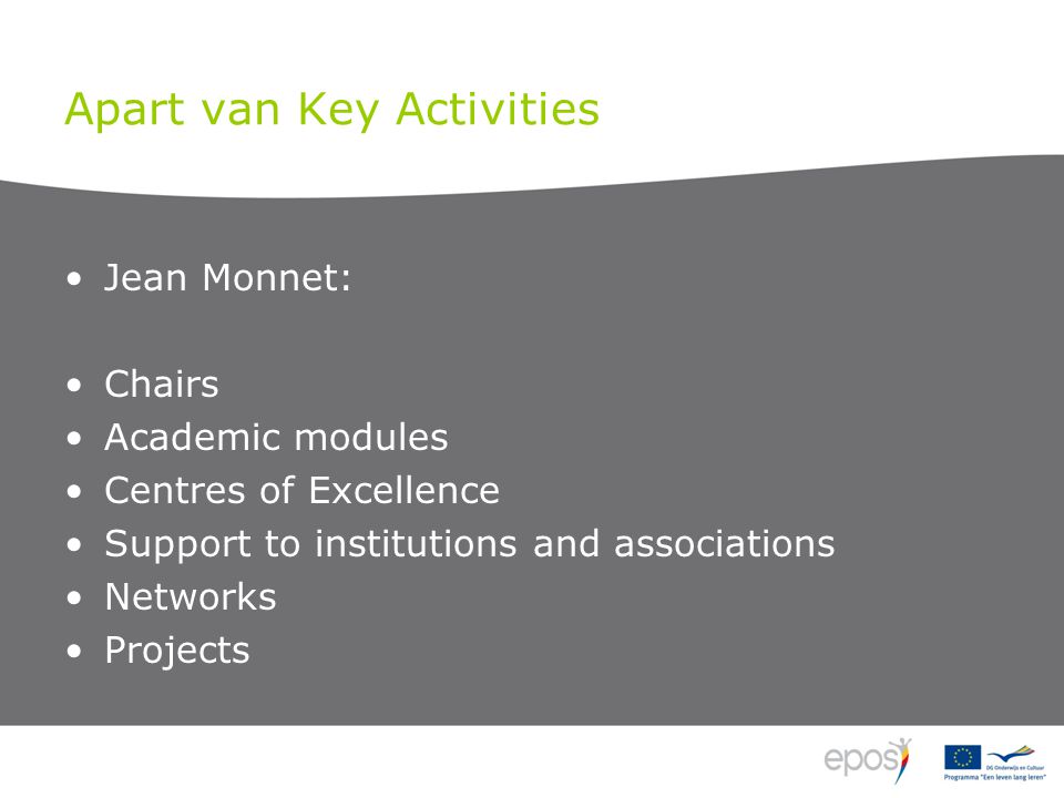Apart van Key Activities Jean Monnet: Chairs Academic modules Centres of Excellence Support to institutions and associations Networks Projects