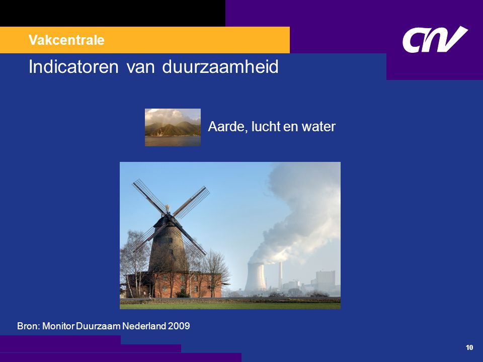 Vakcentrale 10 Indicatoren van duurzaamheid Aarde, lucht en water Bron: Monitor Duurzaam Nederland 2009