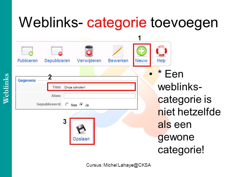 Cursus: Michel Weblinks- categorie toevoegen * Een weblinks- categorie is niet hetzelfde als een gewone categorie.