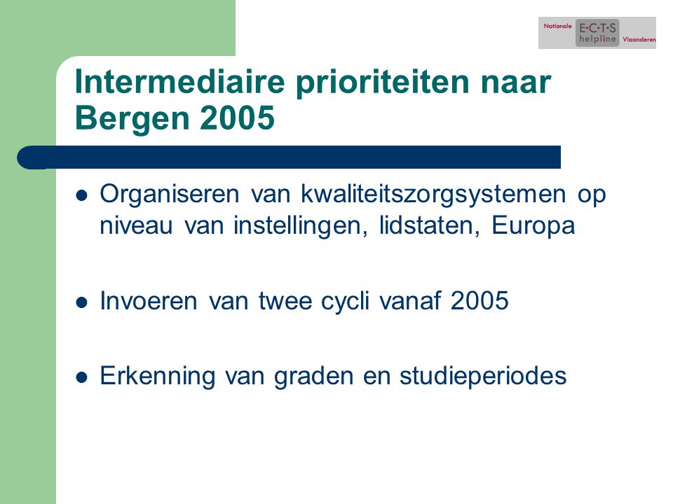 Intermediaire prioriteiten naar Bergen 2005 Organiseren van kwaliteitszorgsystemen op niveau van instellingen, lidstaten, Europa Invoeren van twee cycli vanaf 2005 Erkenning van graden en studieperiodes