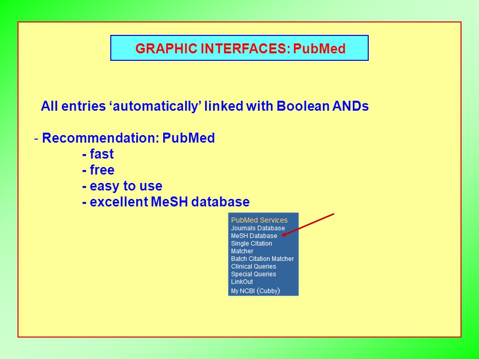 GRAPHIC INTERFACES: PubMed All entries ‘automatically’ linked with Boolean ANDs - Recommendation: PubMed - fast - free - easy to use - excellent MeSH database