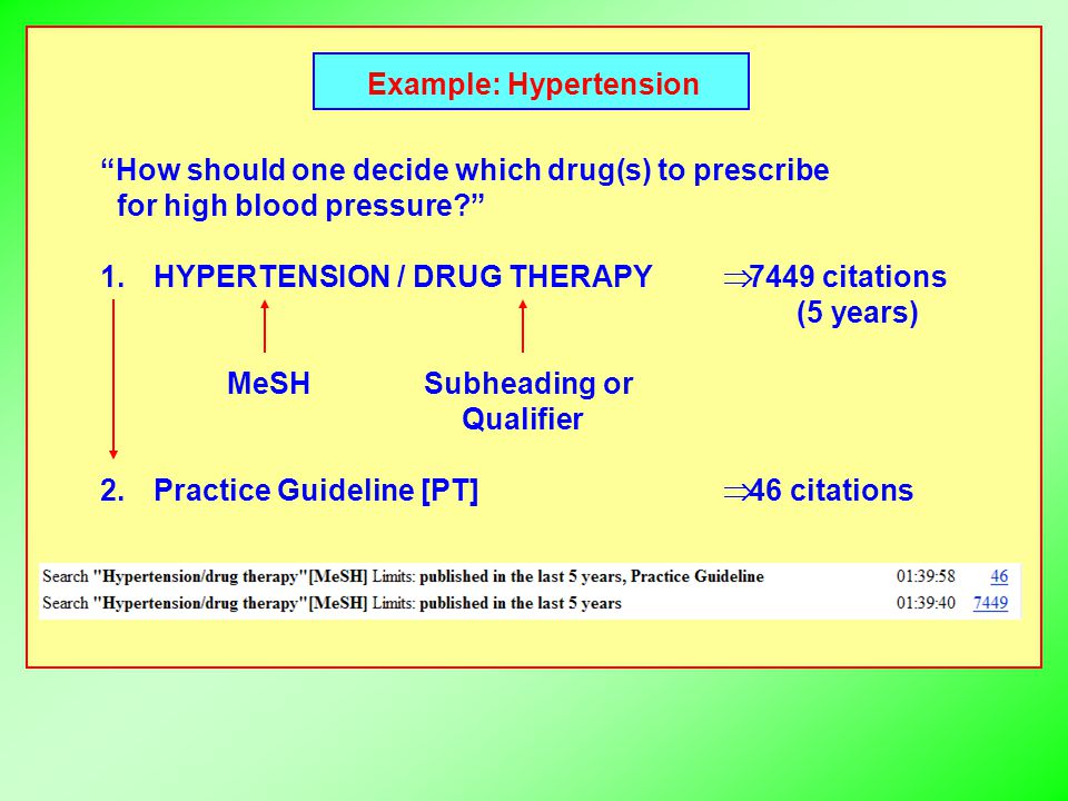 Example: Hypertension How should one decide which drug(s) to prescribe for high blood pressure 1.HYPERTENSION / DRUG THERAPY  7449 citations (5 years) MeSH Subheading or Qualifier 2.
