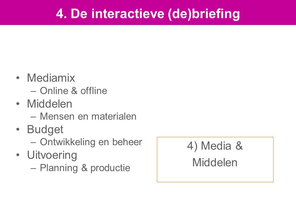 4) Media & Middelen Mediamix –Online & offline Middelen –Mensen en materialen Budget –Ontwikkeling en beheer Uitvoering –Planning & productie 4.