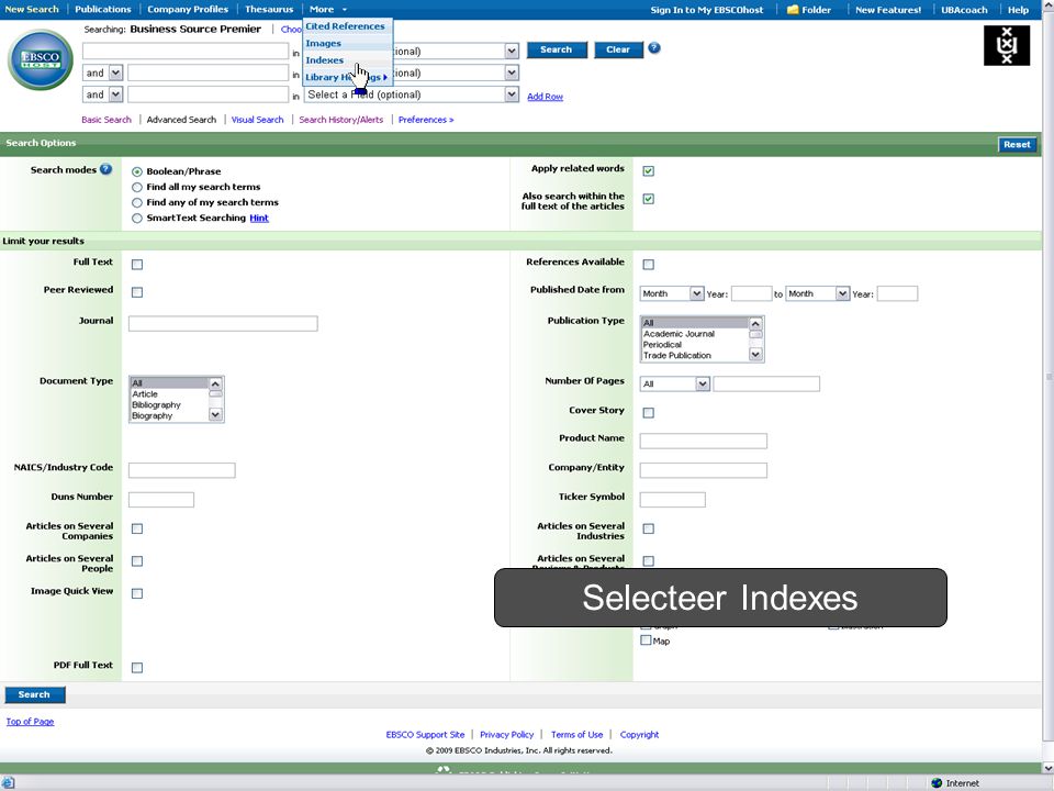 Selecteer Indexes