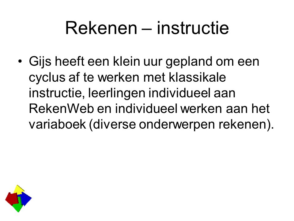 Rekenen – instructie Gijs heeft een klein uur gepland om een cyclus af te werken met klassikale instructie, leerlingen individueel aan RekenWeb en individueel werken aan het variaboek (diverse onderwerpen rekenen).