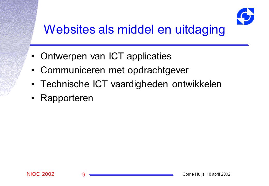 NIOC 2002 Corrie Huijs 18 april Websites als middel en uitdaging Ontwerpen van ICT applicaties Communiceren met opdrachtgever Technische ICT vaardigheden ontwikkelen Rapporteren