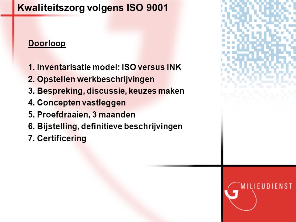 Kwaliteitszorg volgens ISO 9001 Doorloop 1. Inventarisatie model: ISO versus INK 2.