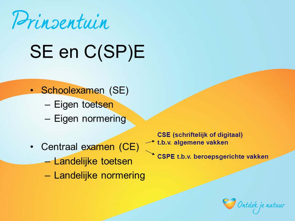 SE en C(SP)E Schoolexamen (SE) –Eigen toetsen –Eigen normering Centraal examen (CE) –Landelijke toetsen –Landelijke normering CSE (schriftelijk of digitaal) t.b.v.