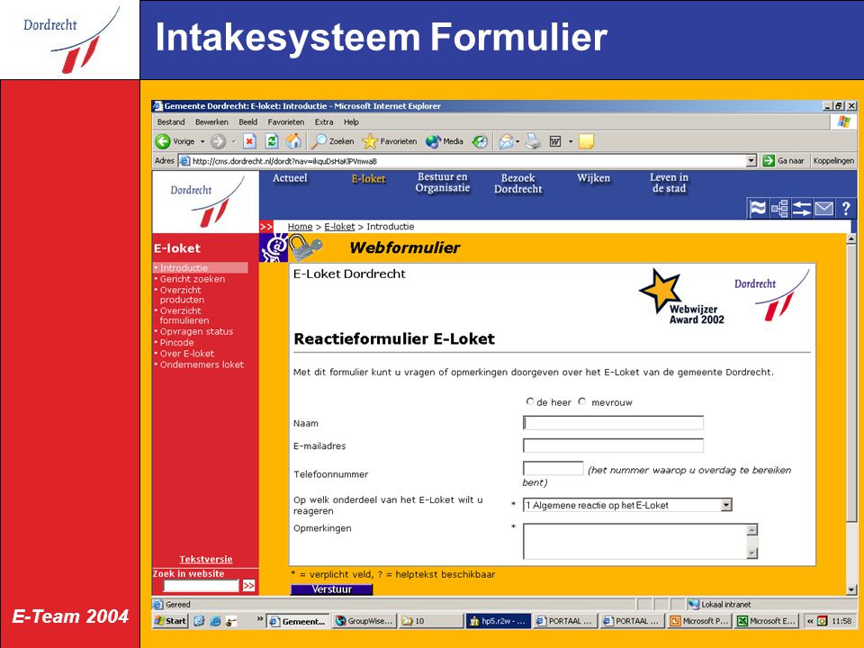 E-Team 2004 Intakesysteem Formulier