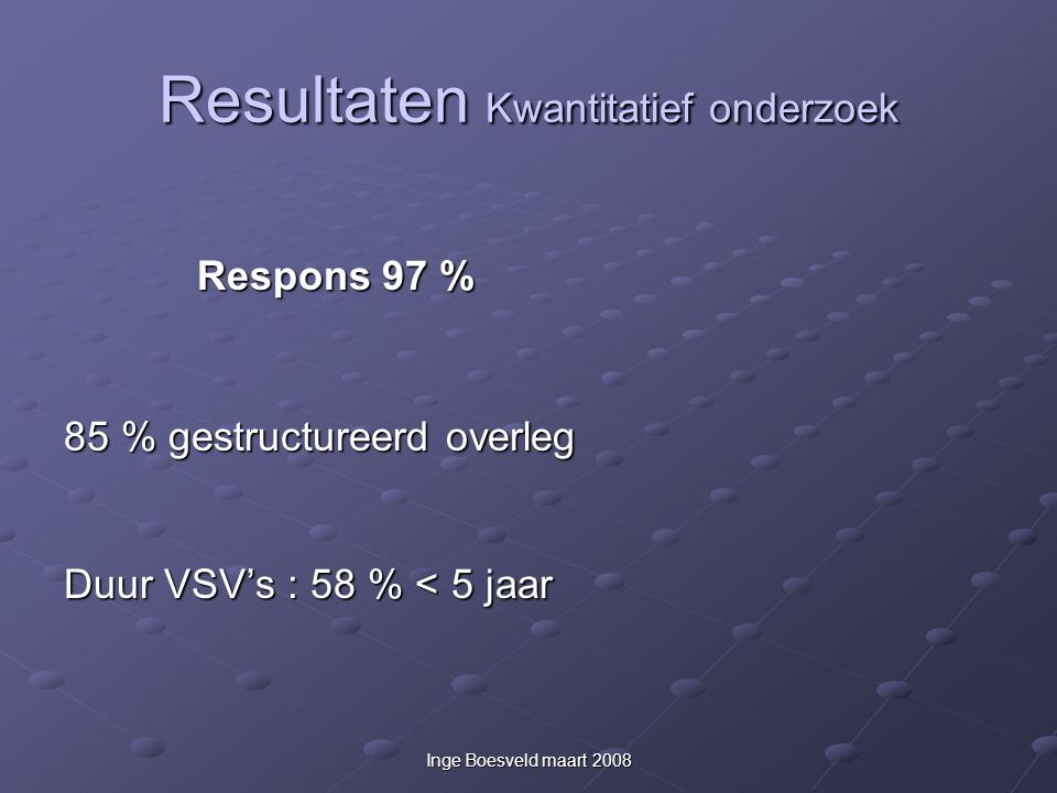 Inge Boesveld maart 2008 Resultaten Kwantitatief onderzoek Respons 97 % 85 % gestructureerd overleg Duur VSV’s : 58 % < 5 jaar